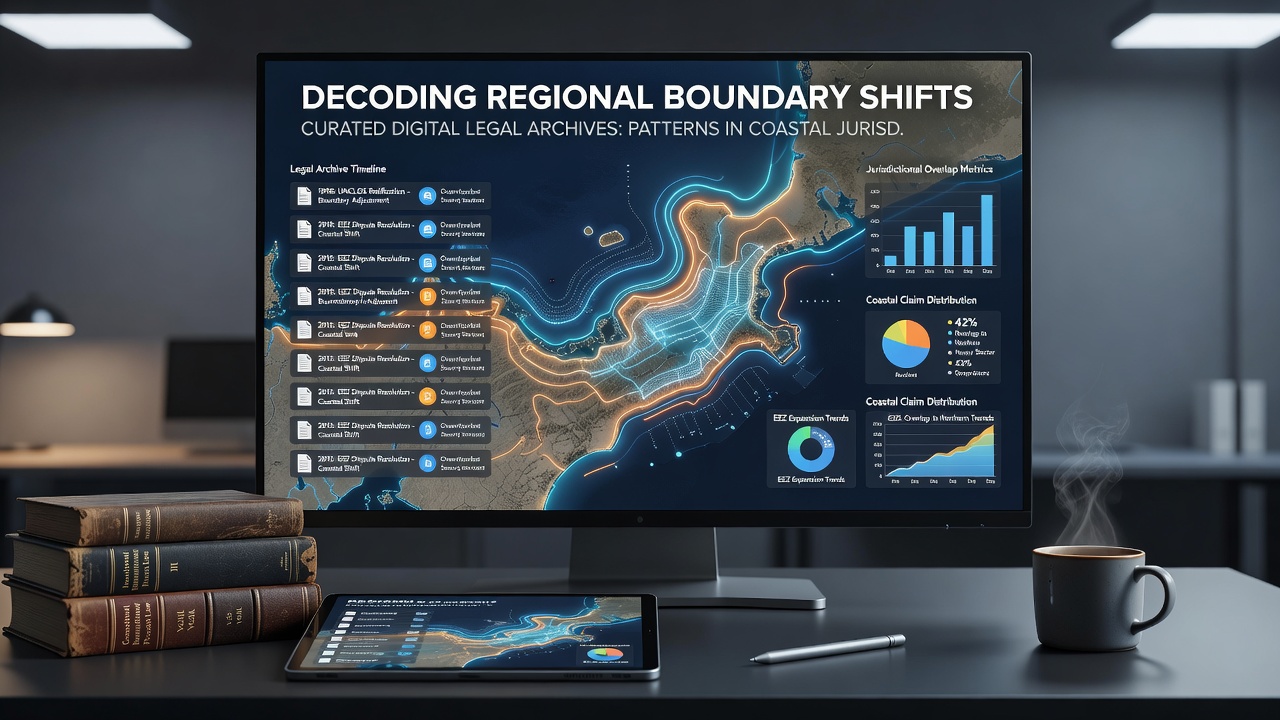 Visualization of coastal jurisdiction data showing boundary shifts and legal archive timelines