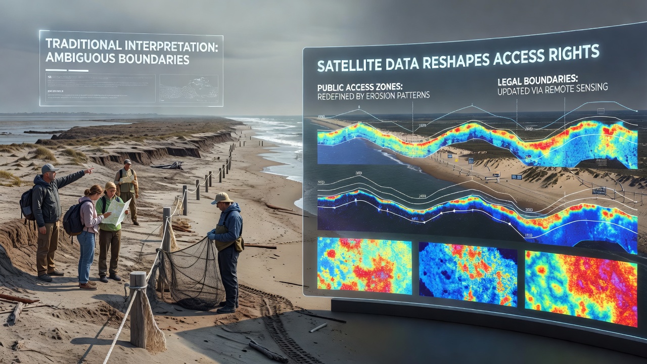 Coastal community reviewing satellite maps of changing shorelines and access routes