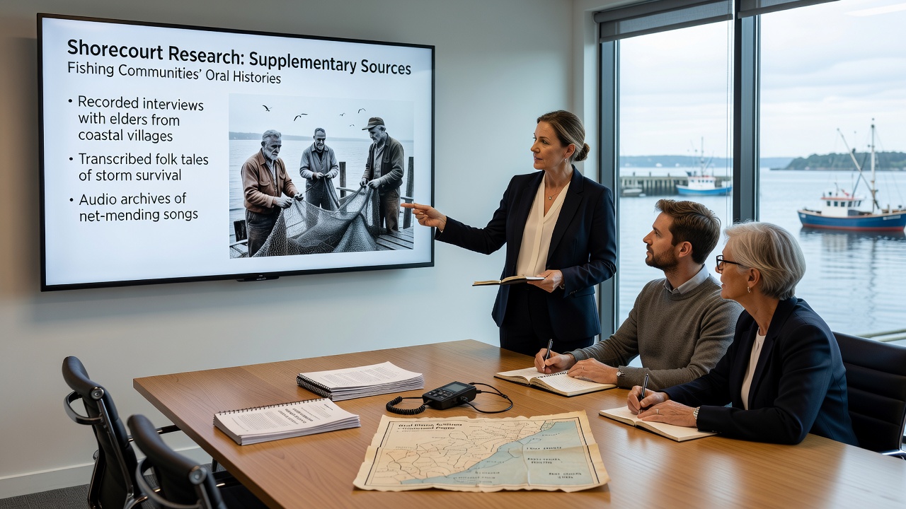 Researchers reviewing transcribed oral history recordings alongside coastal maps in a field office setting
